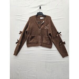 Sanrio Hello Kitty and Friends Brown Fuzzy Bow Cardigan Sweater Womens M NEW